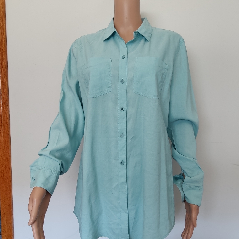 Theory Brennah Button Down Linen Green Shirt